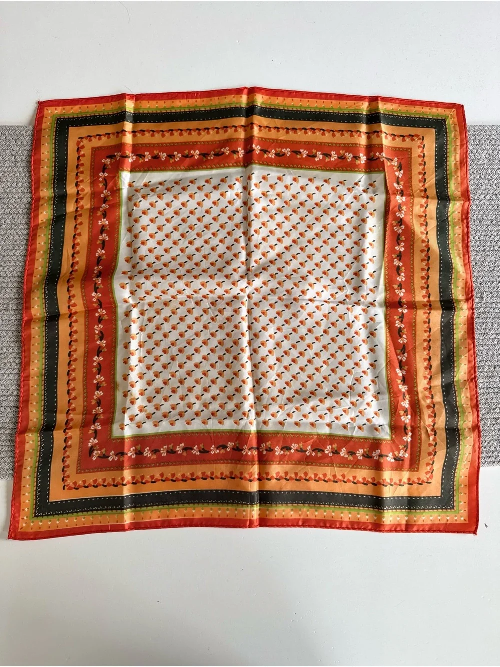 Vintage 70’s Orange, Cream & Green Floral-Print Square Scarf